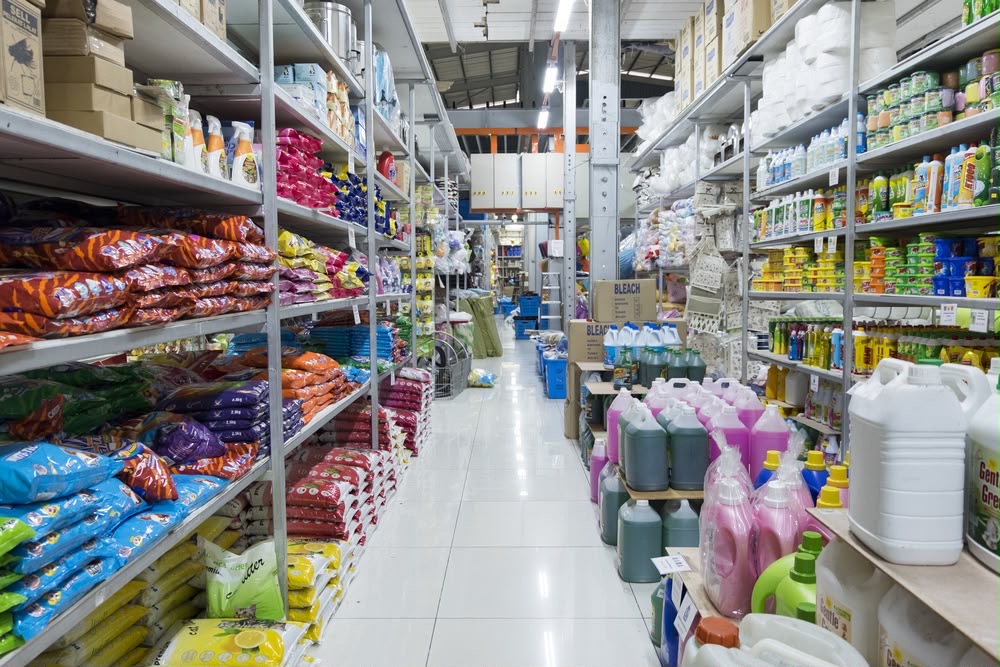 Shelves stocked with assorted general goods