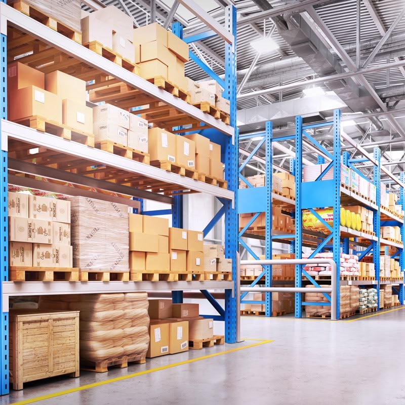 Warehouse shelving with boxes and pallets