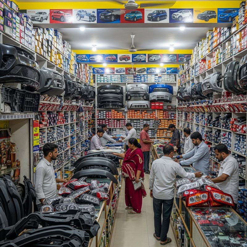 Vehicle parts and accessories displayed in a shop