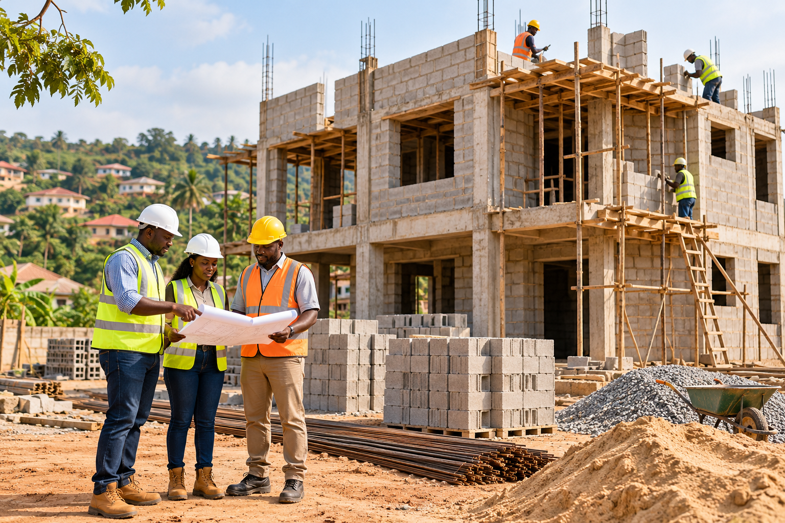 AI-generated illustration: Construction professionals reviewing plans beside a building under construction
