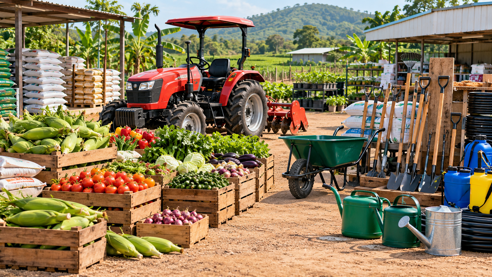 AI-generated illustration: Tractor, agricultural tools and fresh farm produce in a supply yard
